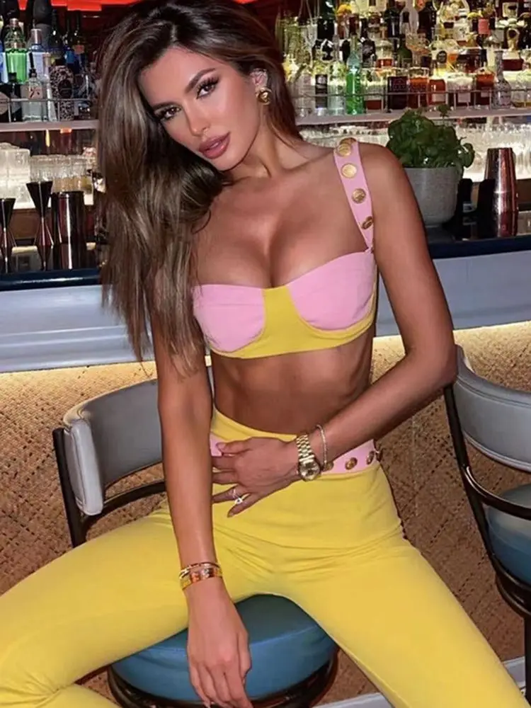 

2022 Autumn New Women's Sexy Bandage 2 Two Piece Button Top&High Waist Wide Leg Pants Bodycon Celebrity Club Party Set