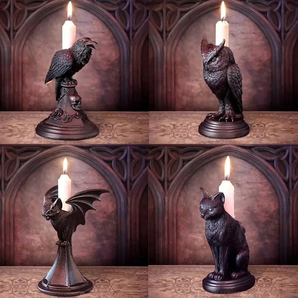 

Halloween Gothic Crow Owl Bat Candlestick Desk Ornaments Resin Candle Holder Animal Statue Figurines Nordic Room Home Decoration