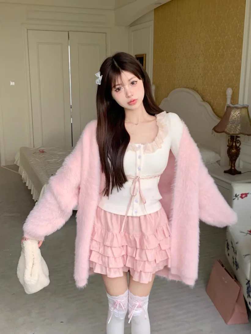 Qiake Girl ~ Нежный и молодой розовый свитер верхняя одежда женская осень 2024 свободный