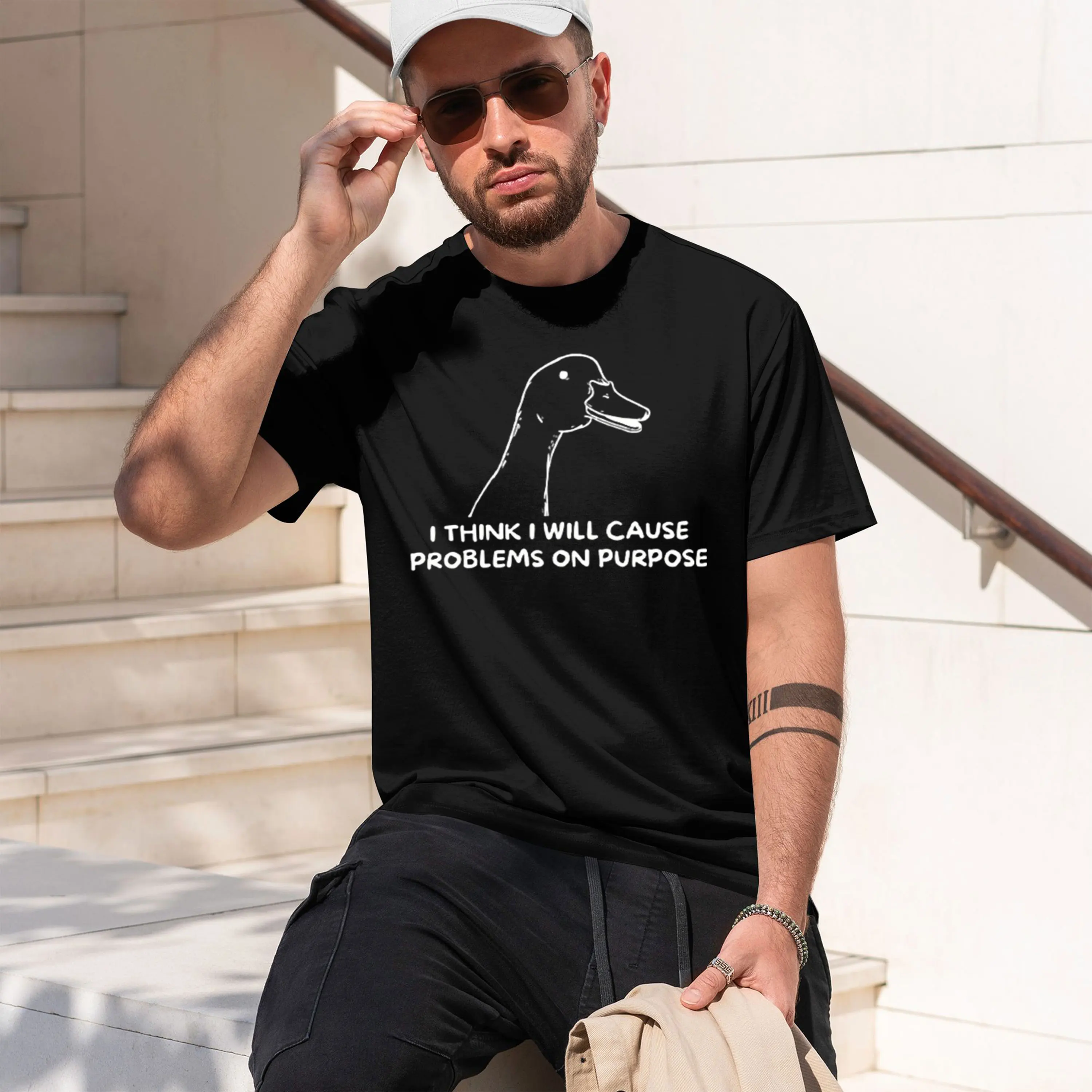 Фото Думаю, я буду намеренно создавать проблемы. Забавная шуточная футболка. Повседневная футболка с коротким рукавом. Уличная одежда. Мужская одежда. Новая модель 2026 года. №1