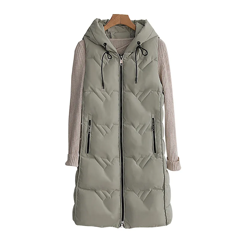Women Autumn Winter Hooded Sleeveless Windproof Long Vest Coat Outwear Puffer Jacket Cotton Padded Parkas Waistcoat Puffer