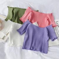 women t shirts off shoulder knitting crop tops women short sleeve stretchy ruffles hem t shirts stripes tops for women