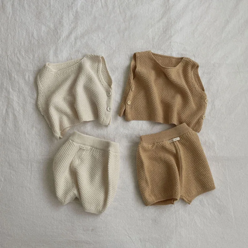 

Spring Autumn Children Costume Boy Baby Casual Knitting Pullover Vest Suit Kid Boy Girl Solid Cotton Tops + Knitted Shorts 2pcs