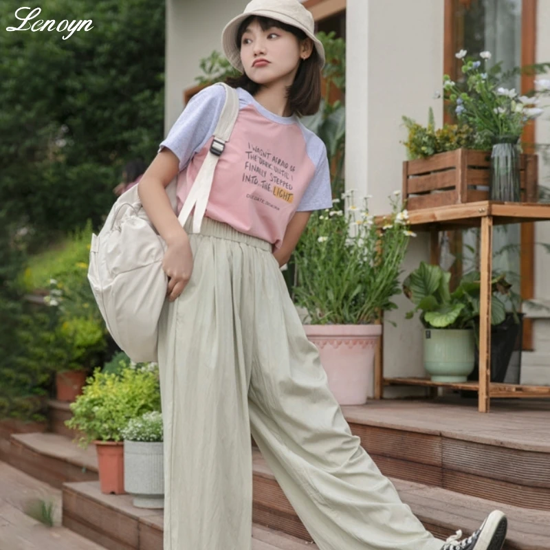 

Lenoyn Harajuku Japanese Loose Slim New Casual Pants Summer Thin Beige High Waist Wide Leg Pants Women's Fashion Street Clothing