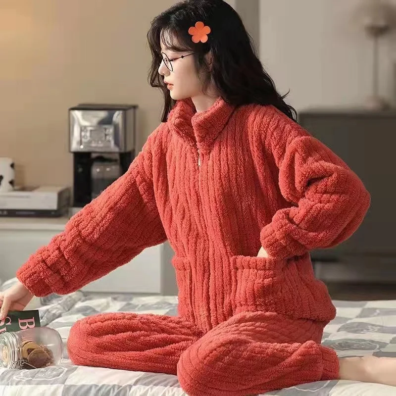 

Autumn Winter Warm Flannel Zipper Pajamas Set Women Loungewear Fleece Sleepwear 2PCS Homewear Ladies Home Suits