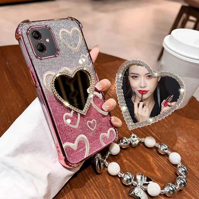Airbag Wrist Strap Glitter Love Heart Mirror Phone Case On For Samsung Galaxy A02 A02S A03 A03S A04 A04E A05 A05S A06 Core Cover