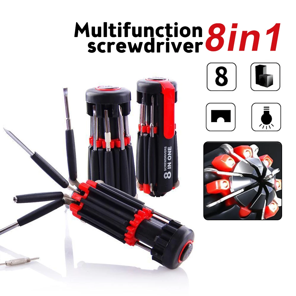

8 In 1 Multi Portable Screwdriver with 6 LED Light Folding Screwdriver T4/T5/T6/T7/T8/T9/T10/T15 Bits Household Repair Tools