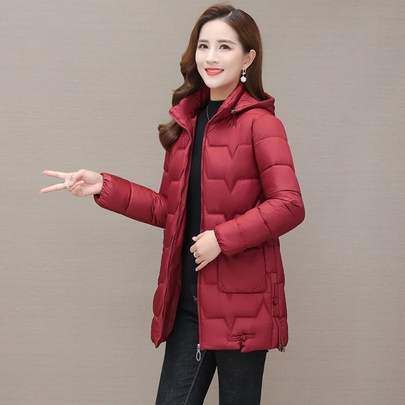 2022 New Autumn and Winter Lightweight Cotton Jacket Mid length Removable Hat Fashion Cotton Suit Slim Warm Cotton Jacket