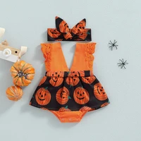 newborn infant baby girl halloween clothes pumpkin romper dress sleeveless v neck bodysuit headband outfit