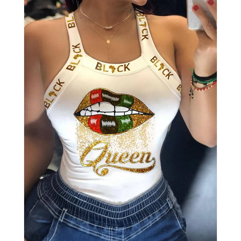 

Female Vest Tee Summer Fashion Sexy Alphabet Lips Print O Neck Women's Sleeveless T Shirts Casual Bodycon Solid Ladies T Shirts
