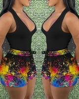 2022 summer new womens two piece suit solid color sleeveless vest ink splash print shorts suit
