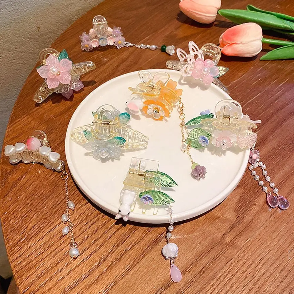 

Украшение в виде сердца Hanfu, кролик, цветок, рукоятка для волос, детский зажим в виде акулы, держатель для конского хвоста, в китайском стиле, искусственный коготь для волос