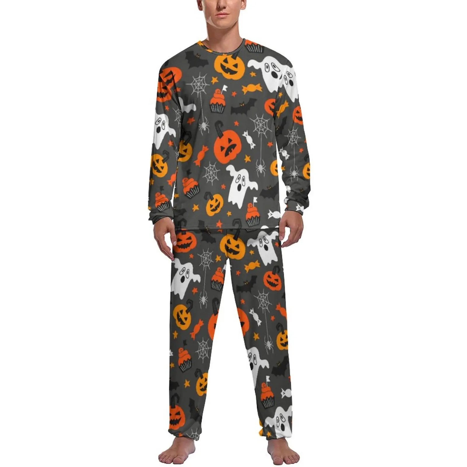 

Spooky Ghost Pajamas Daily Pumpkins And Baws Bedroom Nightwear Man 2 Pieces Design Long-Sleeve Cool Pajama Sets