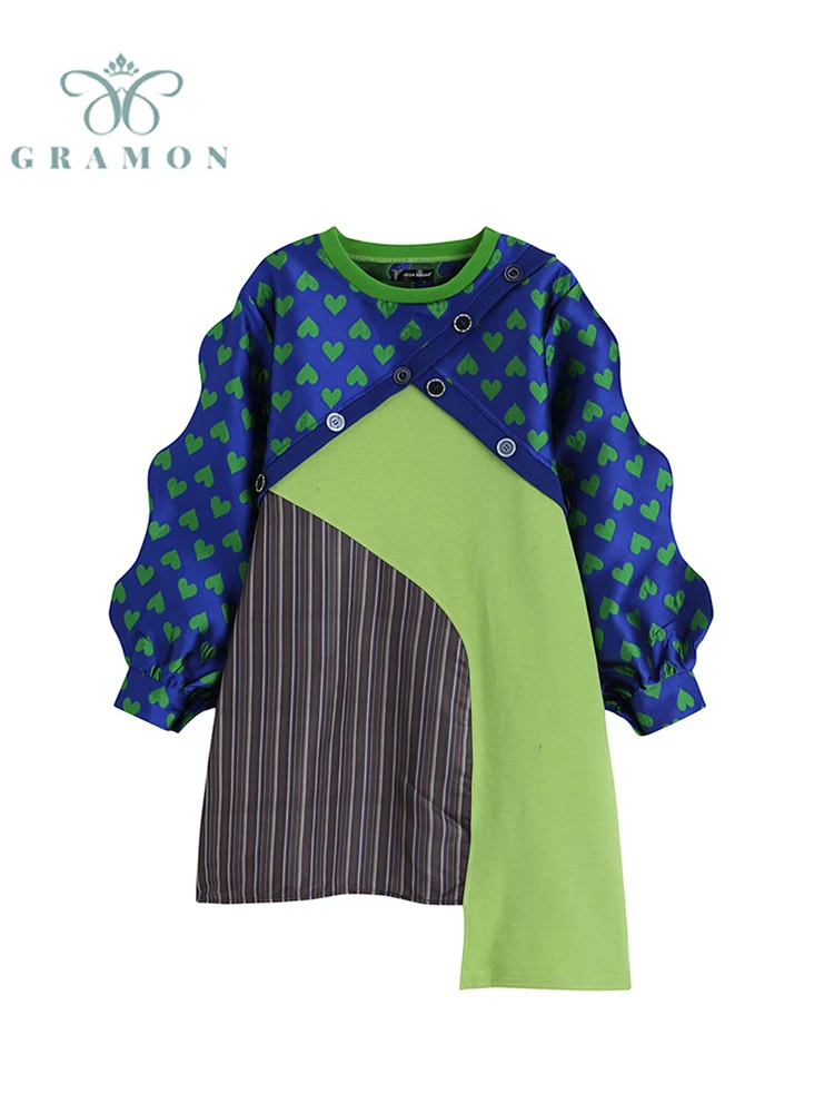 

2022 Women Vintage Fashion Patchwork Dress Korean Loose Casual Streetwear Elegant Harajuku Y2K O-Neck Long Sleeve Mid Long Dress