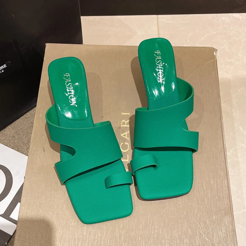 

Summer Square Toe Women Slippers Fashion Low High Heel Ladies Mules Elegant Female Outside Beach Slides Sandal Shoes New 2022