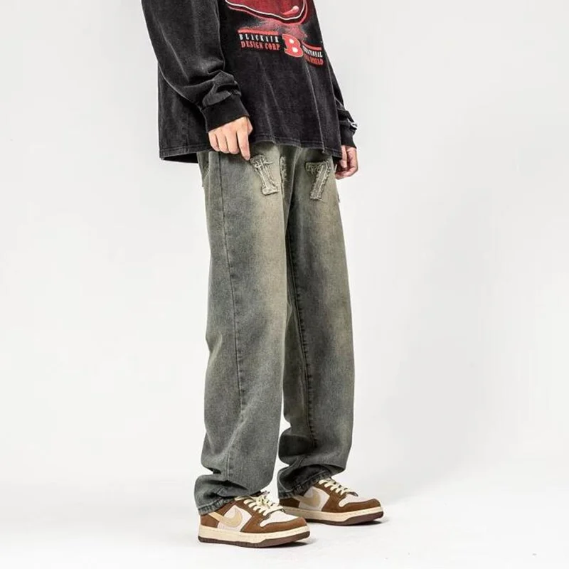 Streetwear Men 2022 New 1977 Embroidery Loose Straight Cylinder Blue Jeans Temperament Versatile Wide Leg Trousers Autumn Female