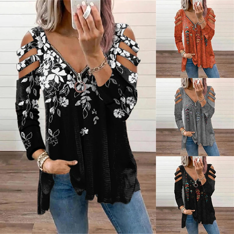 

V Neck Zipper Short Sleeve Top Summer Sexy Women Printed Hollow Out T Shirt Fashion Loose Off Shoulder Casual Shirts Female