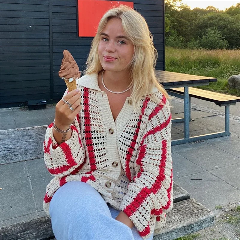 

Long Sleeve Cardigan Women's Stripe Coat Fall/winter Fashion V-neck Sweater Top