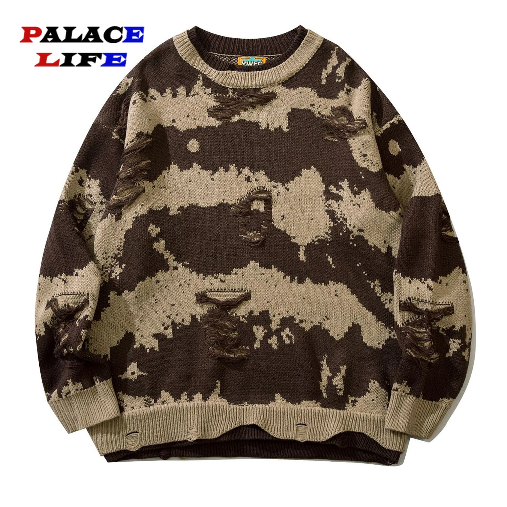 

2022 New Harajuku Fashion Casual Male Pullovers Autumn Men Knitted Jumper Sweaters Hip Hop Ripped Beggar Color Block Streetwear