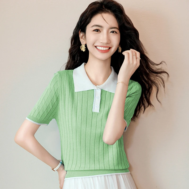 Polo Collar Short sleeve T-shirt Women 2024 New Summer Slim fit Thin Ice Silk Knit Small High Waist Top