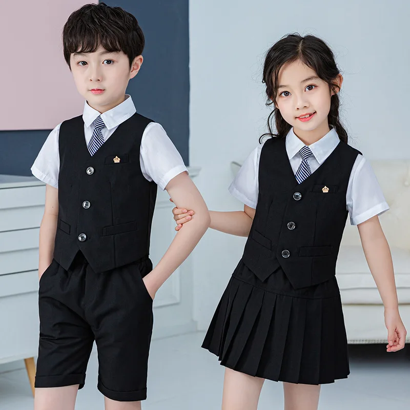 Summer Boys And Girls Stage Chorus Performance Clothing Set Children Vest Shorts/skirt Tie Outfit Kids School Uniform Suit Set