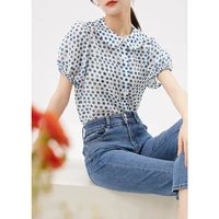 luxury high quality summer 2022 silk acetate vintage polka dot womens shirts button up puff sleeve single breasted woman shirts