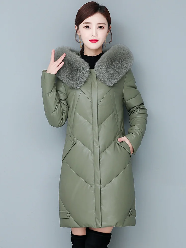 New Women Leather Down Coat Winter Fashion Warm Real Fox Fur Collar Medium Long Sheep Leather Down Jacket Loose Hooded Outerwear