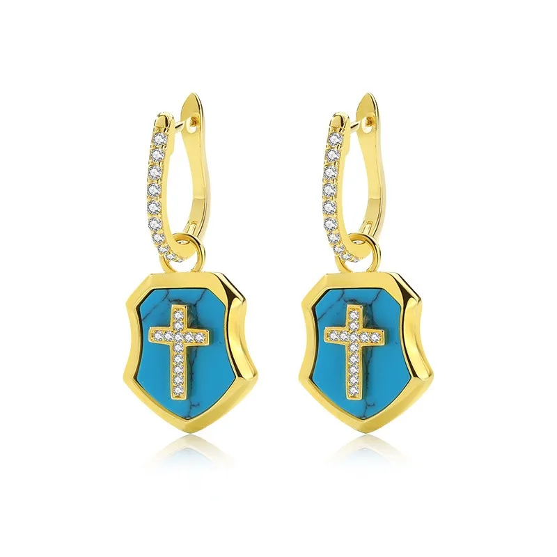 

Religious Cross Earrings for Women Light Luxury AAA Zircon Turquoise Shield Christmas Jewelry