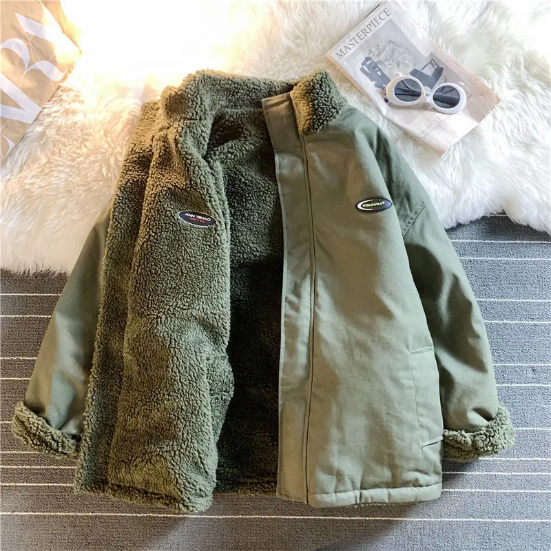 Deeptown Hip Hop Harajuku Jackets Fleece Fluffy Jacket Streetwear Zipper Coat Couple Oversize Two Sides Wear Balck Green Fahsion images - 6