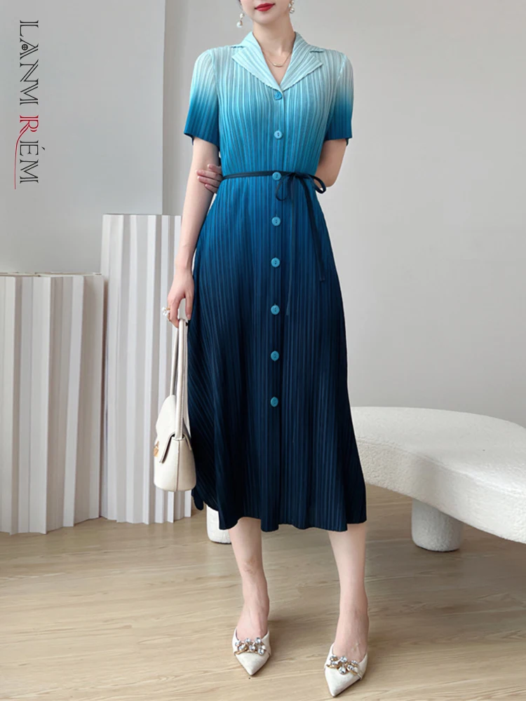 

Женское плиссированное платье LANMREM, однобортное платье трапециевидной формы с высокой талией и отложным воротником, новинка 2023, 2YA3927