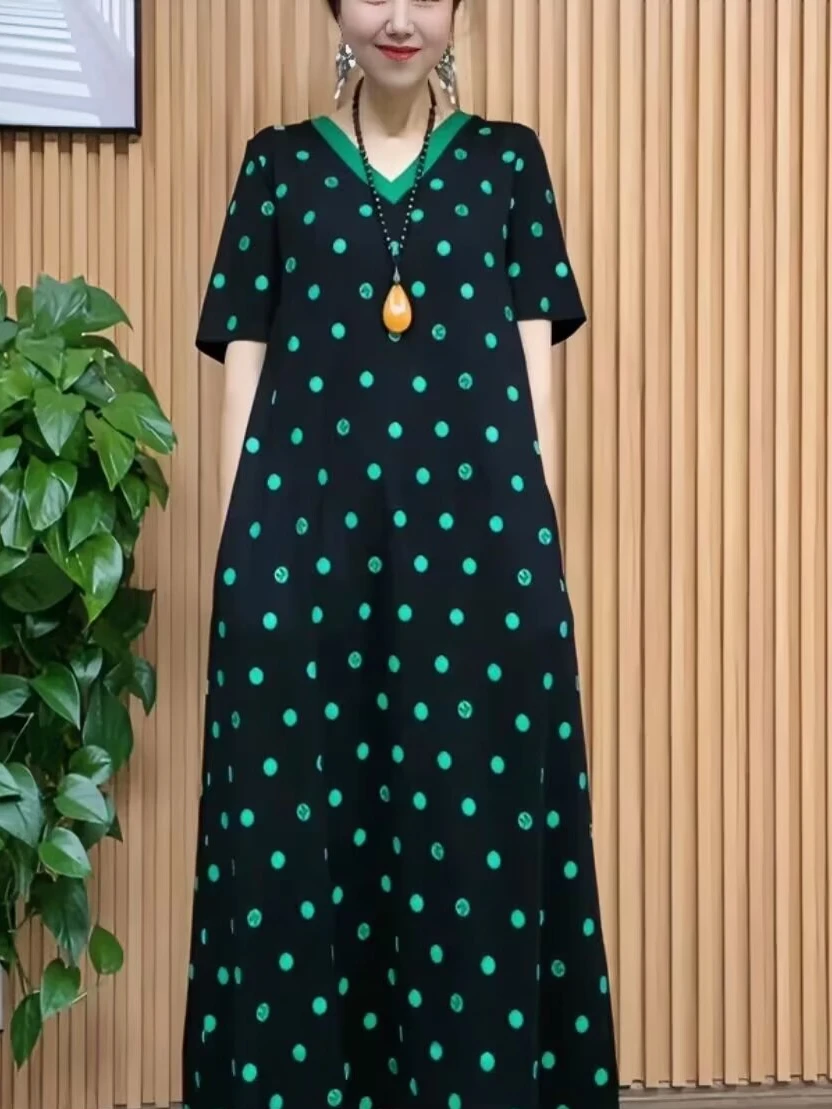 Модное платье в горошек с короткими рукавами новое летнее v-образным вырезом