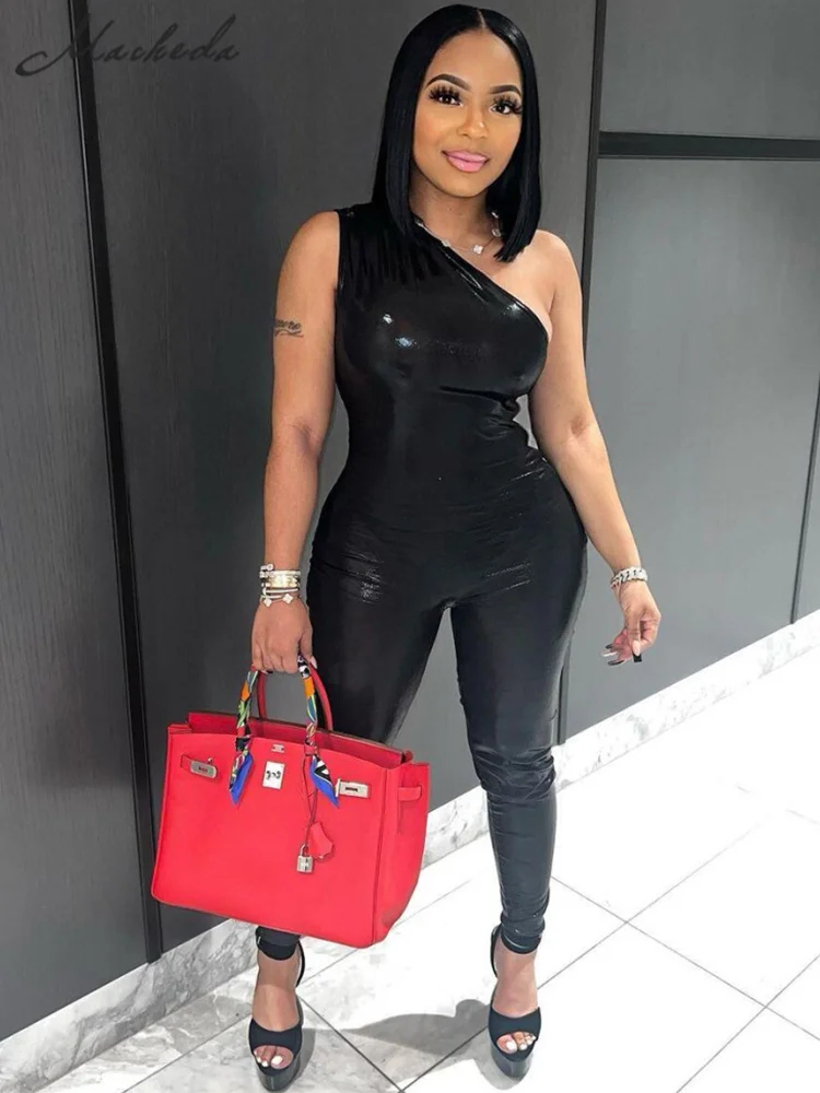 

Macheda Casual Solid Pu Leather Skinny One-shoulder Bodysuit and High Waist Pants Two Piece Pants Set Women Streetwear Outfit