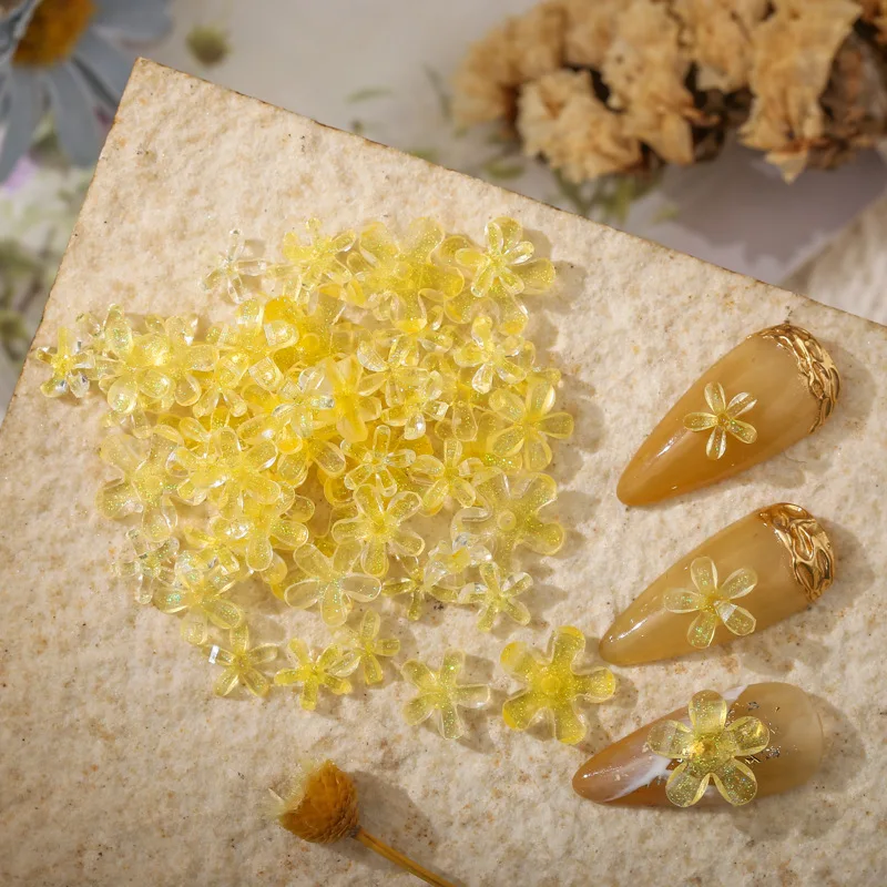 

50/100pcs New Clear Jelly Yellow Five Petals Flower Shiny Nail Art Resin Decorative Small Flower Ice Drill Nail Art Accessories