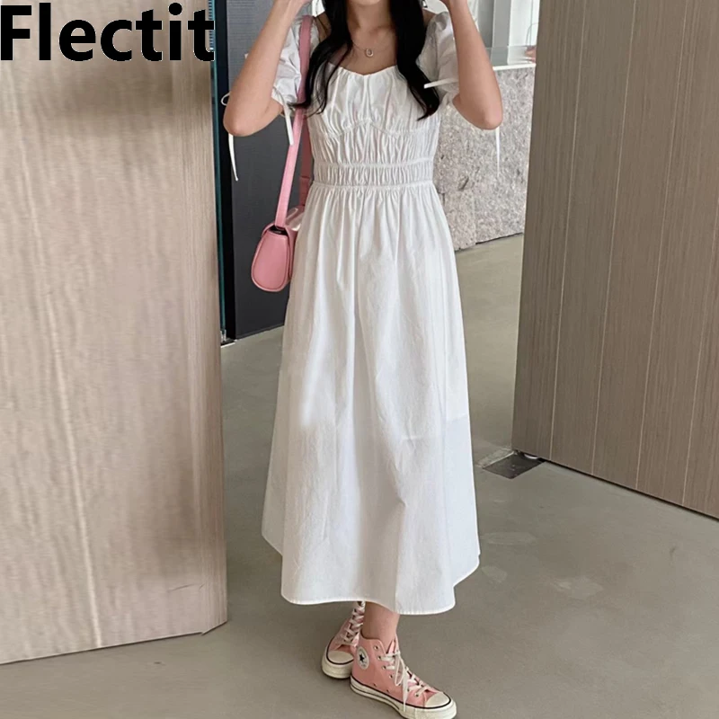 

Flectit Women's 2023 Summer Square Neck Puff Sleeve A-line Smocked Midi Dress Korean Fashion Chic Outfit
