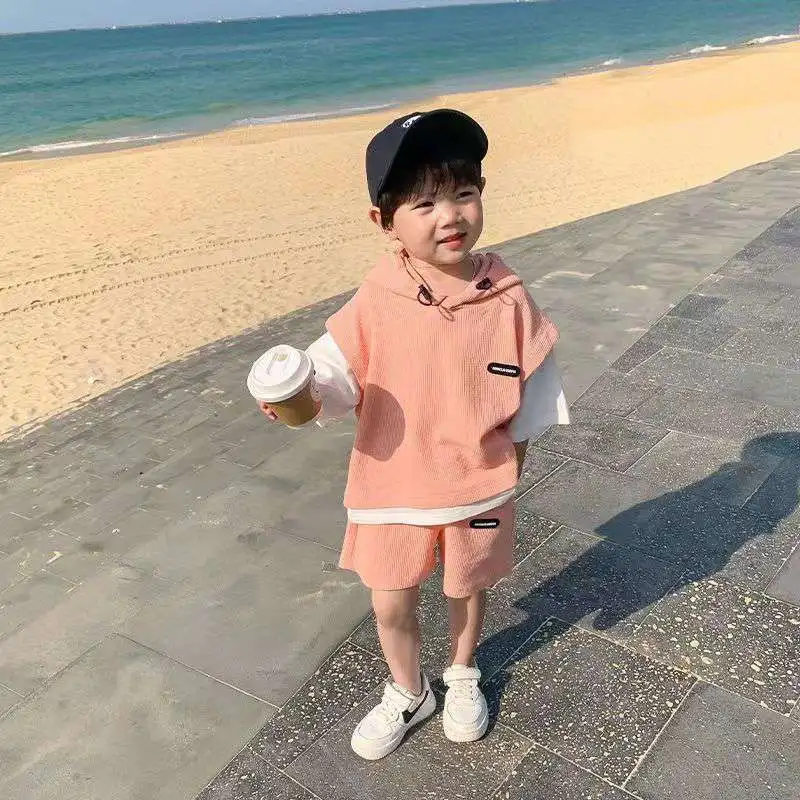 Children Clothing Sets Boys Clothes Short Sleeve Hooded Shirt+short Kid Clothes Fake 2Pcs Suit Cotton 2022Summer Baby Boy Outfit