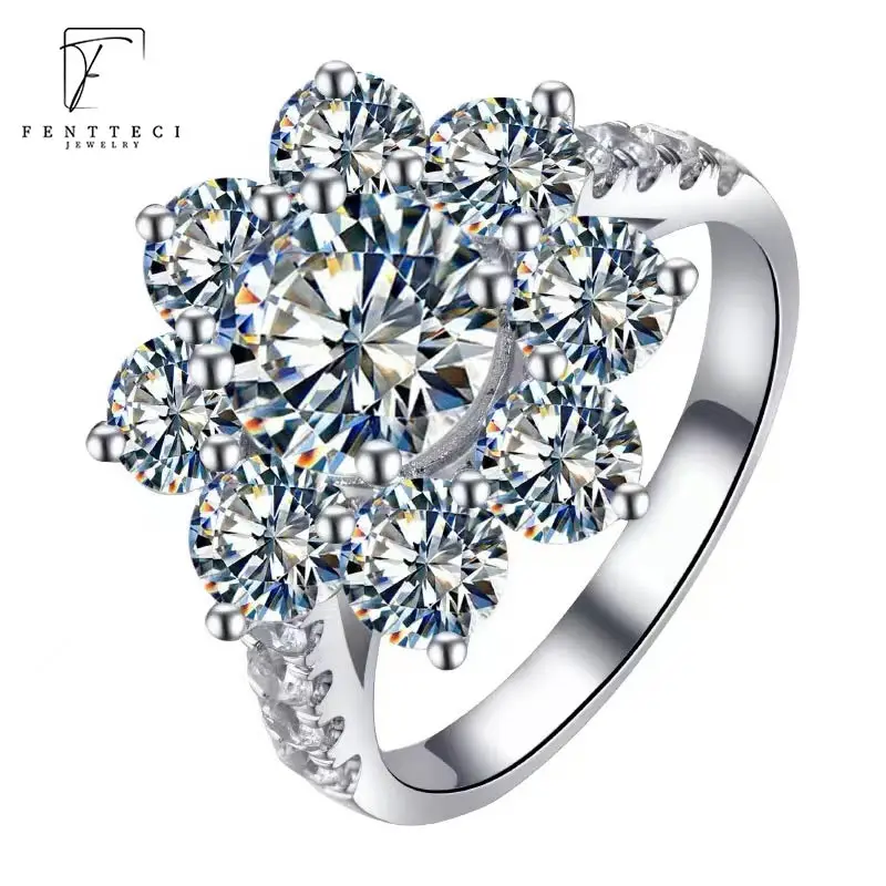 FENTTECI 925 Sterling Silver Lnlaid Moissanite Sun Flower Ring Tide Ins Wind Broken Diamond Lotus Diamond Ring Female Proposal