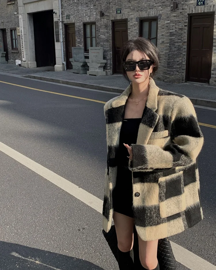 Korean Plaid Suit Coat Women's Autumn Winter Mid Long Hepburn Loose Temperament Heavy Woolen Coat Wool Clothing Za Fashion Y2k
