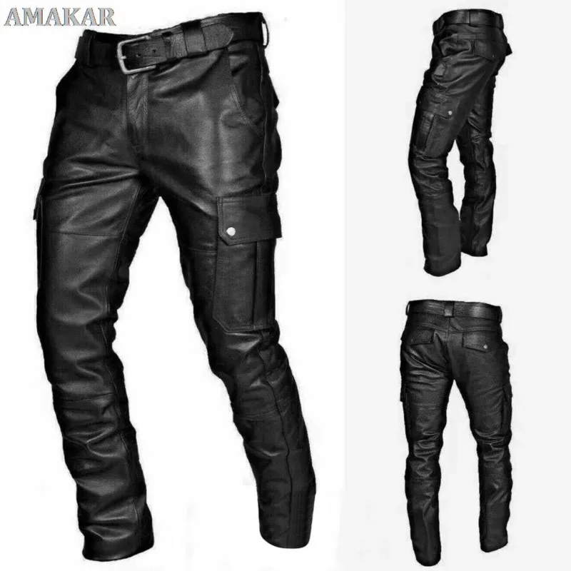 

Steampunk Motorbike Style Side Lace Up Leather Pants Black Gothic Punk Jeans Cowboy Biker Rock Reenactment Trouser For Men