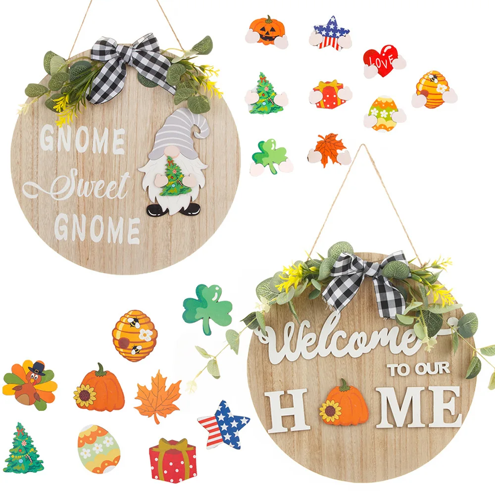 

New DIY Creative Wooden Listing with Replaceable Pattern Welcome House Number Christmas Halloween Holiday Door Hanging Garland