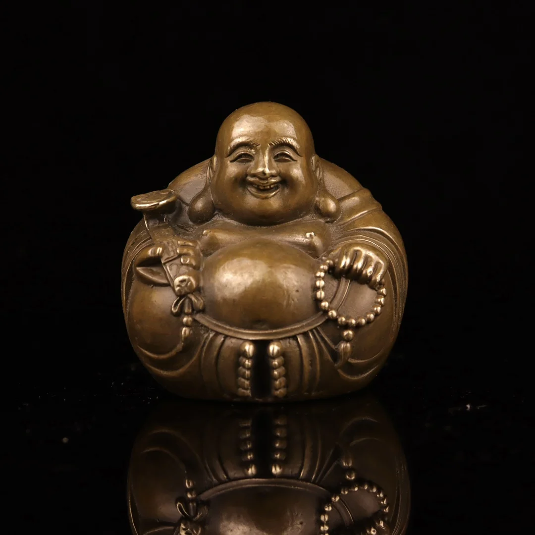 

2"China Lucky Seikos Brass Patina Ruyi Rosary Maitreya Laughing Buddha Gather fortune office ornament Town house