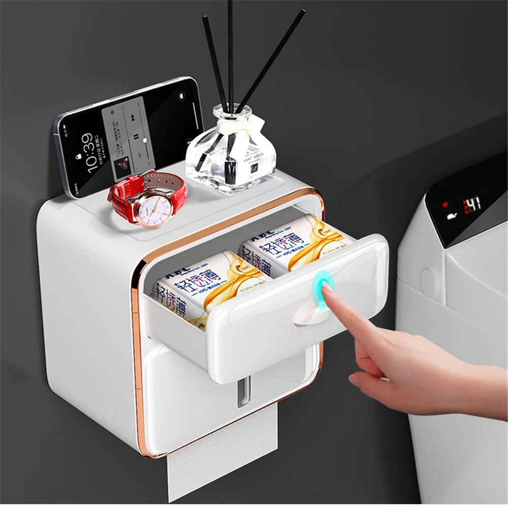 

Waterproof Toilet Paper Holder Portable Tissue Box Bathroom Waterproof Wall Tissue Case with Double Layer Storage Box Paper Rack