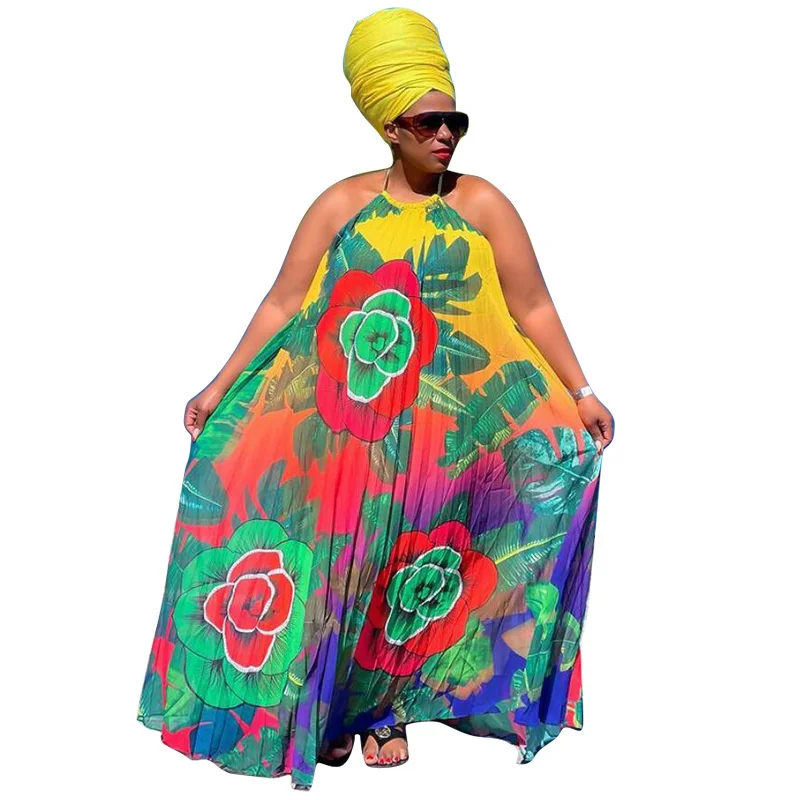 Plus Size Dresses African Women Clothing 2023 Spring Summer Loose Pleated Backless Halter Printing 3xl 4xl 5xl 6xl