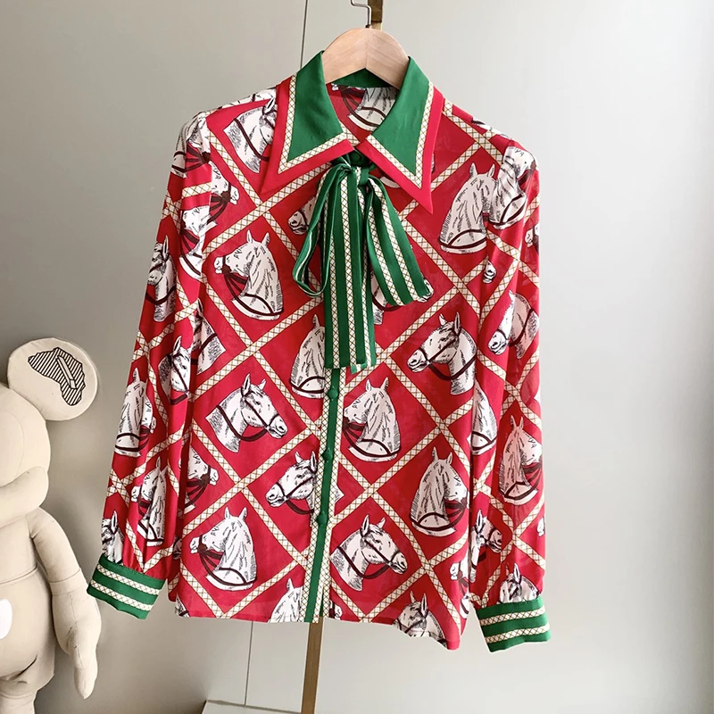 

2023 Design Silk Shirts Lady Fashion Horse Printed Long Sleeve Lapel Ribbon Blouse Single-breasted Elegent High-end Vintage Tops
