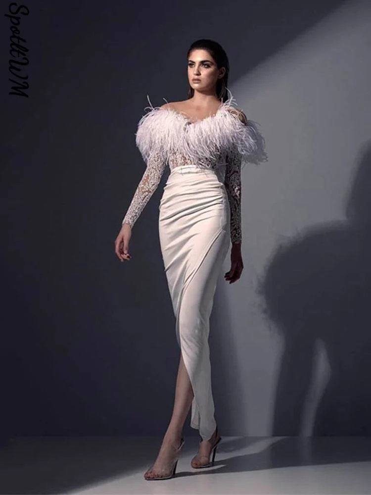 

Kobiety Sexy Feather Szczelina Sukienki Midi Lady Fashion z Długim Rękawem Off Sukienka Na Ramiona 2023 Kobieta Elegancka Nocna