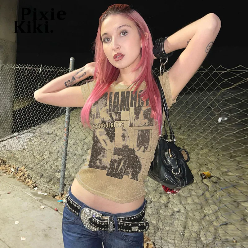 

PixieKiki Trendy Graphic T Shirts Y2k Streetwear Short Sleeve Crop Tops for Women Summer 90s Fashion Vintage Clothes P67-BA14