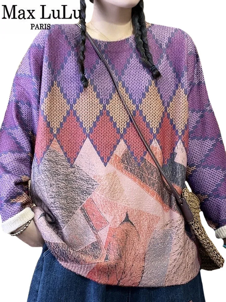 

Max LuLu 2022 зимние женские модные Свободные теплые вязаные свитера с принтом женские роскошные винтажные пуловеры повседневные Джемперы в сти...