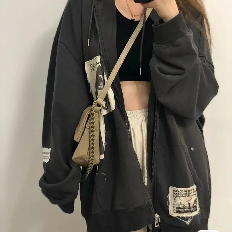 

Zip Up Hoodie Grunge Aesthetic Clothes Oversized Sweatshirt with Zipper Vintage Y2K Tops Kawaii Coat Spring Autumn Streetwear