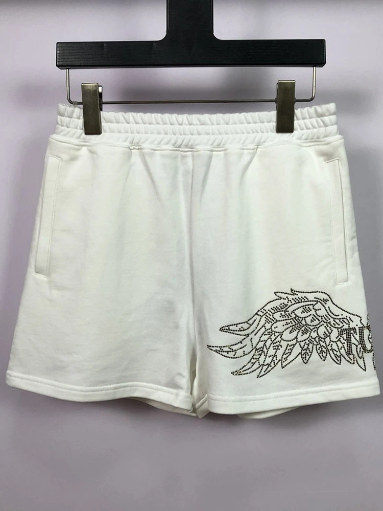 

Luxury Hot Drilling Big Wings White Shorts for Men and Women All-match Loose Elastic Waist Streetwear Trendy Wide Leg Hot Shorts