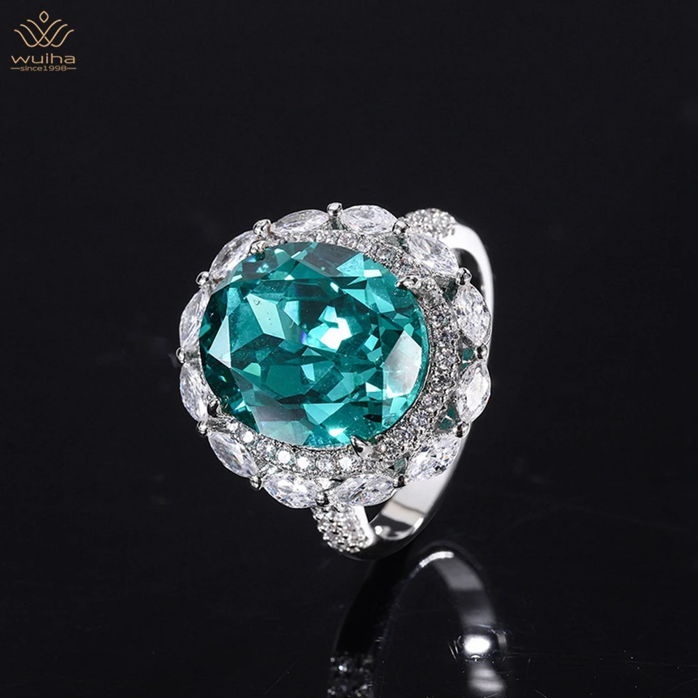 

WUIHA Luxury 925 Sterling Silver 12*14MM Paraiba Sapphire Faceted Gemstone Ring For Women Engagement Gift Fine Jewelry Wholesale