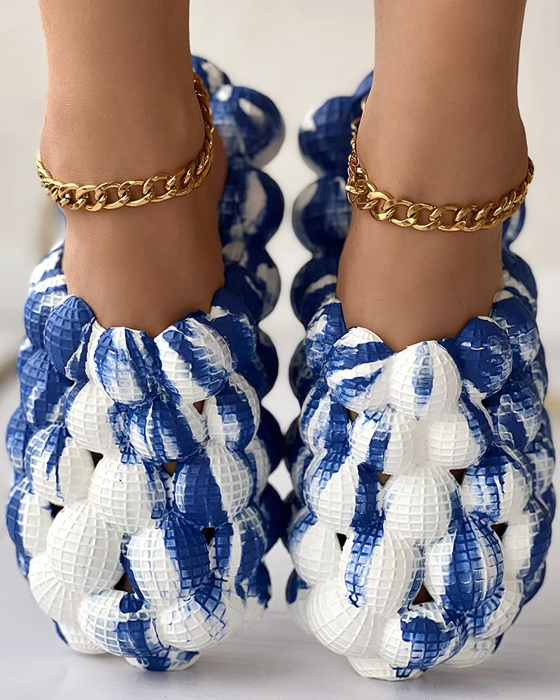 Women Fashion Summer Shoes Flat Homewear Colorblock Non Slip Soft Bubble Slippers Sandals